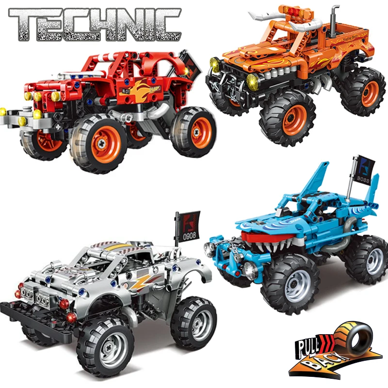 Pull Back Technical Monster Jam Building Blocks Max-D Car Giant Toothed Shark El Toro Loco Bull Truck Bricks Kids Auto Gift Toys