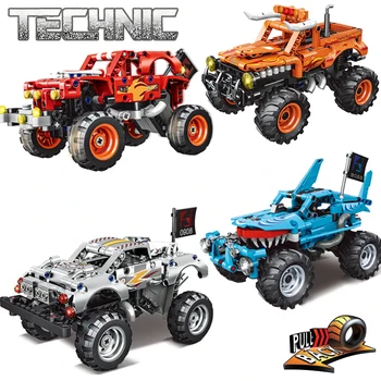 Pull back technic monster jam building blocks max-d car giant tooth shark El Toro Loco bull truck bricks kids auto gift toys