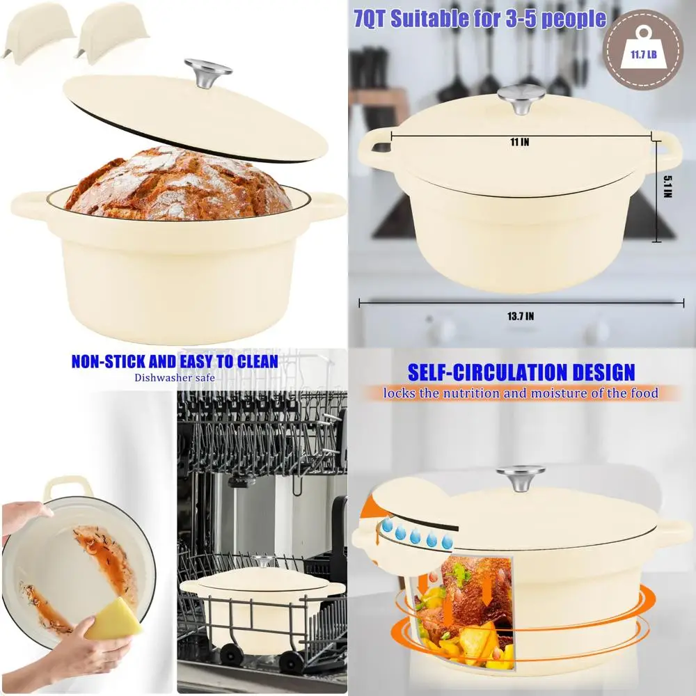 

Enameled Cast Iron Dutch Oven, 7-Quart Non-Stick Ceramic Pot with Lid, Ideal for Sourdough Bread Baking and Cooking