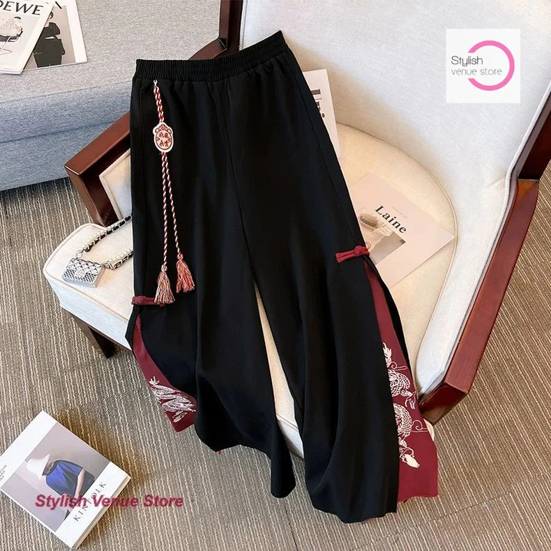 

Fashion design sense niche split straight pants Chinese style elements buckle wide-leg pants women's high waist casual pants.