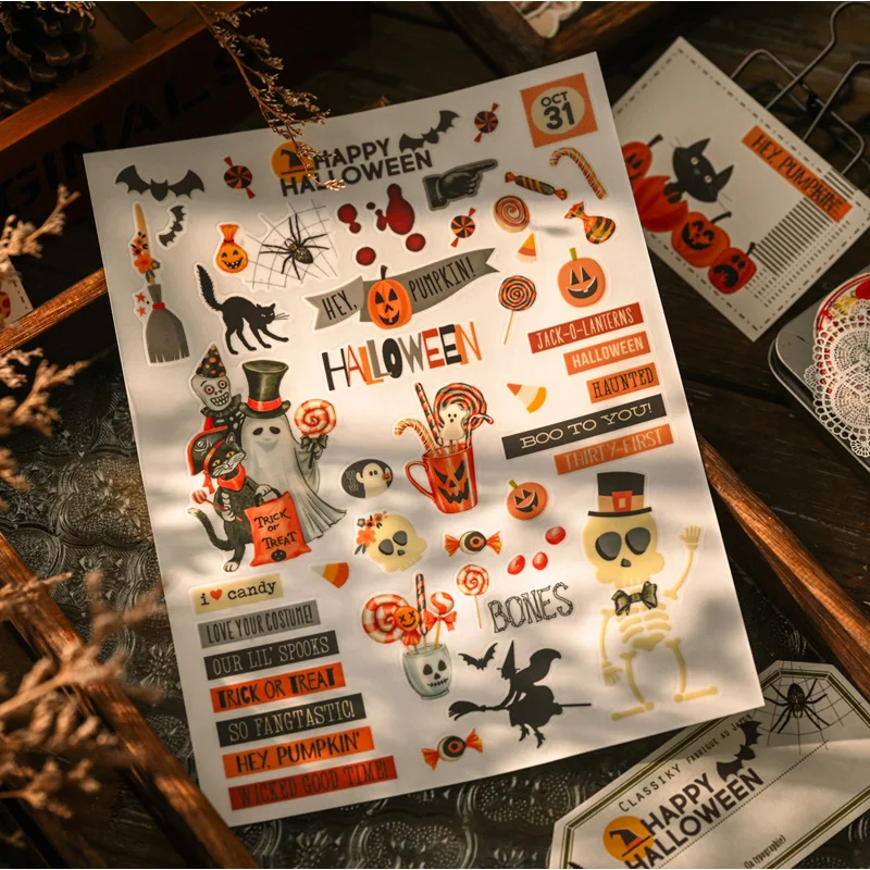 2 Sheet Large Halloween RUB ON Transfer Stickers Junk Journal Dark Vintage Witch Pumpkin Craft Stickers DIY Album Scrapbooking