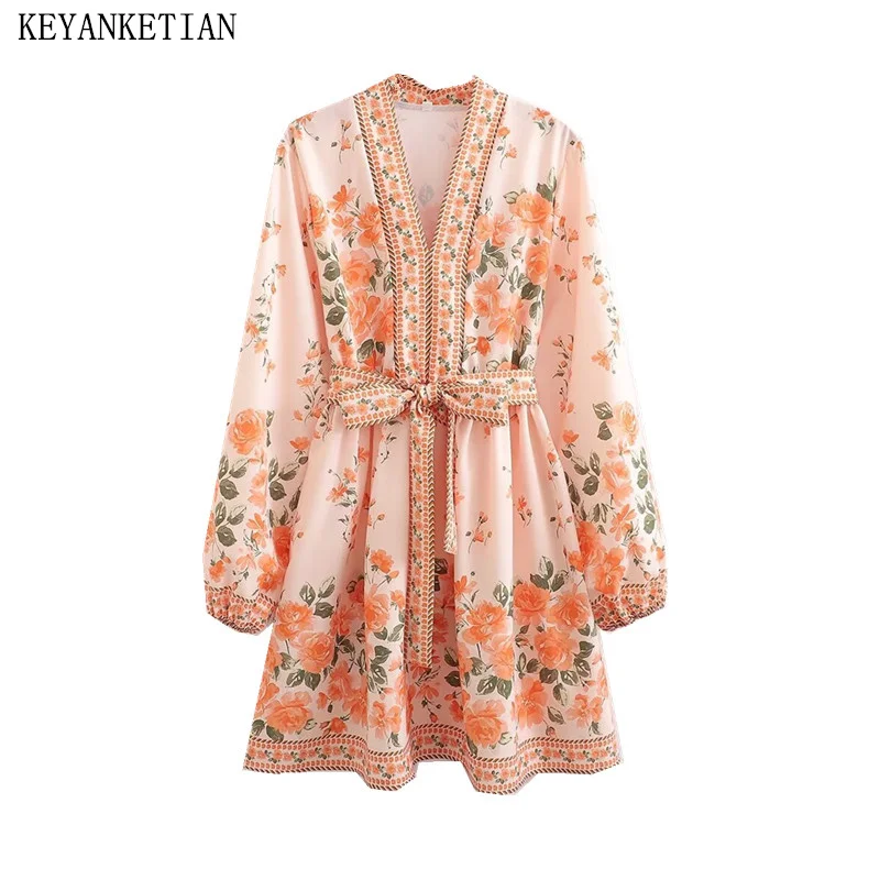 

KEYANKETIAN 2024 New Launch Women's Rose Print Mini Dress Autumn Holiday wind V-Neck Lantern Sleeve With Belt Loose Dresses