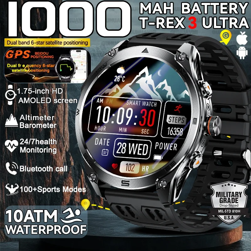 

2025 New Military 1000Mah Battery Smart Watch Outdoors GPS Altimeter Compass Swim 10ATM Waterproof BT call Sport Smart Watch Men