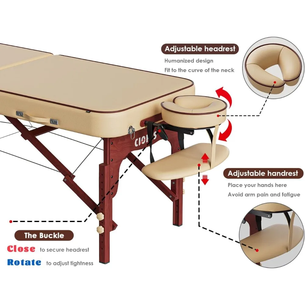 CLORIS-Table de Énergie Professionnelle Portable, Pieds en Bois Renforcé, Supporte jusqu'à 1100LBS, 2 Pliables, Légères, Spa, Tatouage Solon, 84"