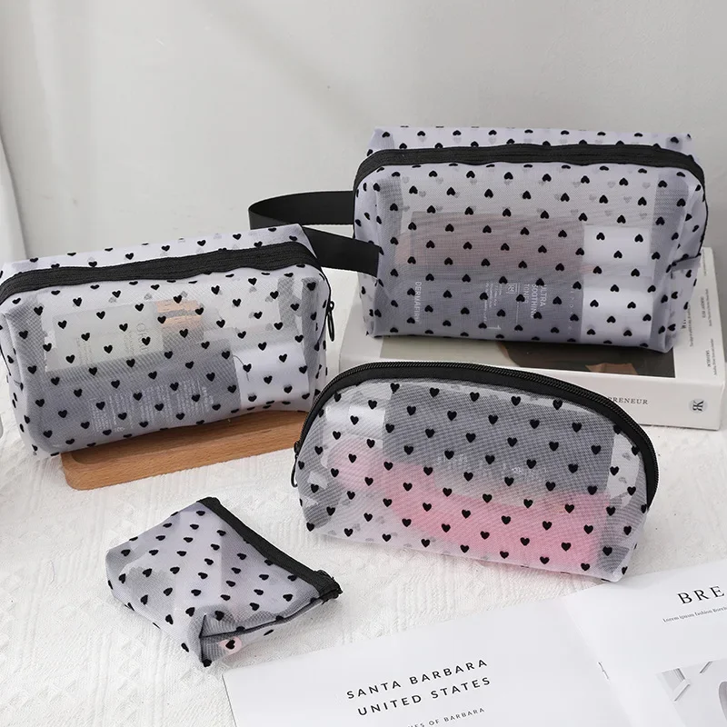 1pc Love Print Mesh Cosmetic Bag Portable Toiletry Organizer Makeup Bag Multifunction Transparent Women Lipstick Storage Pouch