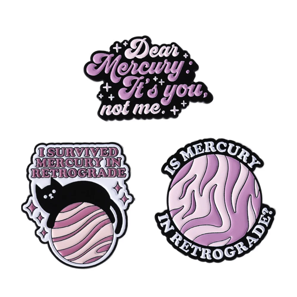 Personalized Purple Astrological Brooch Mercury Retrograde Necklace Pin Luck Turns in One's Favour Cat Metal Pins