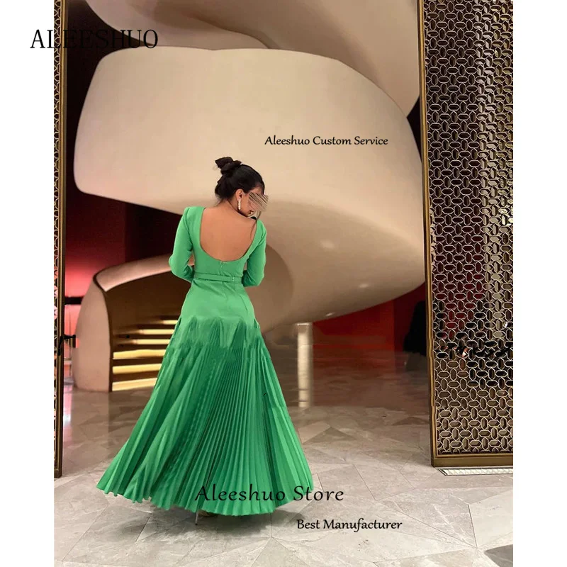 Cleeshuo-Robe de Soirée Trapèze Vert Arabie Saoudite, Tenue de Bal, Manches sulf, Col Bateau, Sexy, Dos aux, Plissée, Longueur au Sol