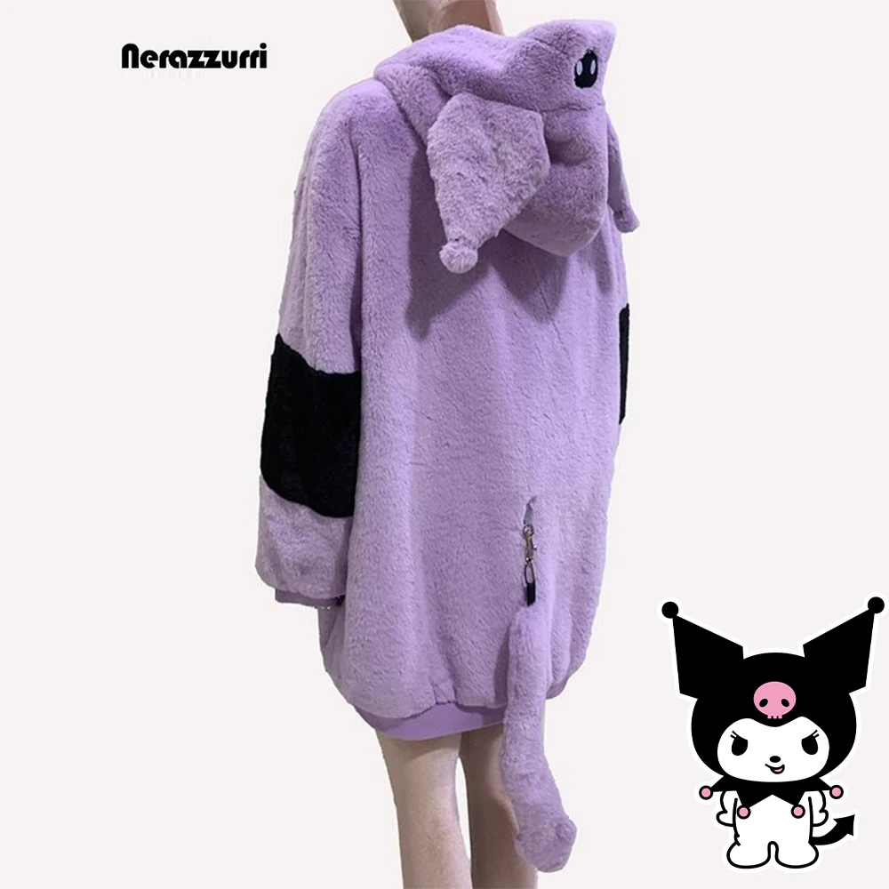 

Sanrioed Plush Coat Women Kawaii Anime Jacket Cartoon Kuromi Costume Winter Girls Coat Thicken Warm Cute Upscale Soft with Tail