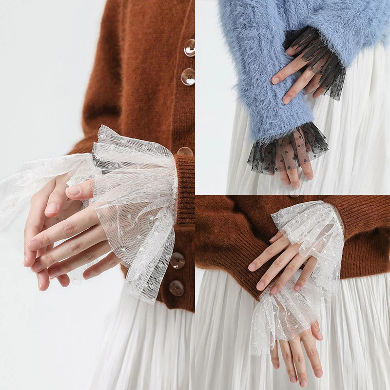 

Detachable Cuffs Fake Flared Sleeves Double Layer Lace Pleated Ruched False Cuffs Sweater Blouse Wrist Warmers Fake Sleeve Cuff