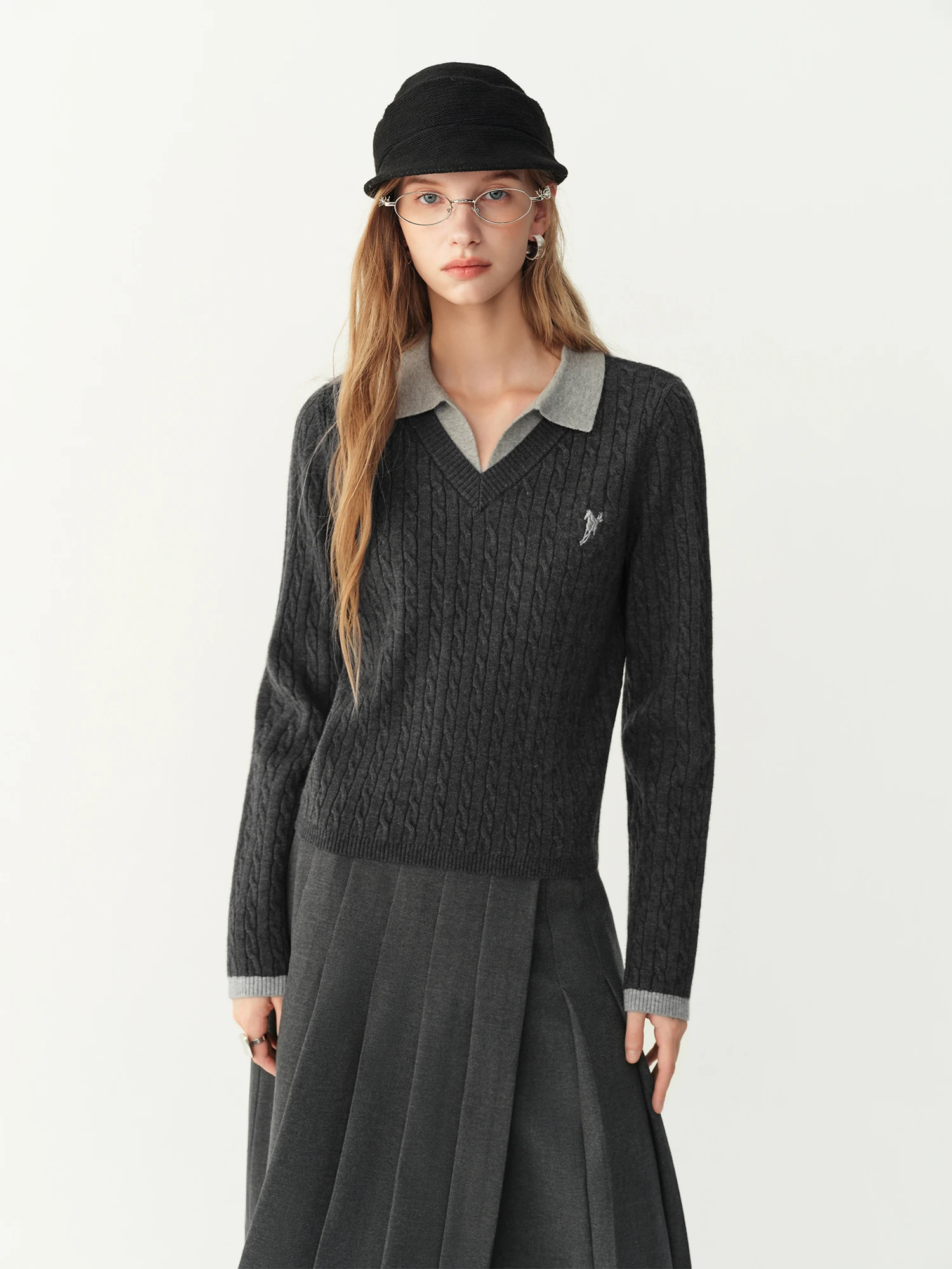 FSLE New Autumn Winter Women Commute Colorblock Polo Collar Fake Two Piece Cable Knit Sweater Casual Elegant Long Sleeve Top