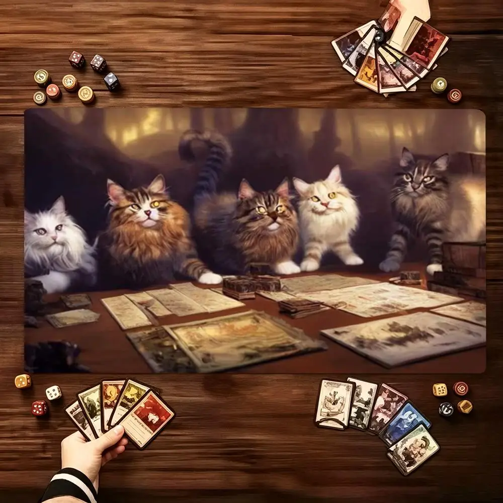 Vintage Oil Painting Cats Playing Cards TCG Playmat Large Desk Mat Mouse Pad Mousepad Non‑Slip Rubber For Tabletop Game Desktop