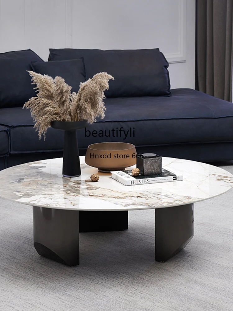 Nordic Italian Luxury Stone Bright Light Stone Plate round Tea Table Living Room Modern Small Apartment round Coffee Table