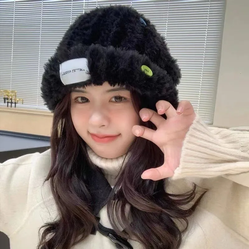 Women New Winter Fluffy Earflap Beanie, Korean Style Large Head Size, Warm Slim Face Wrap Knit Hat