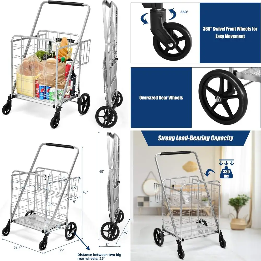 

Folding Shopping Cart by Goplus - Large Double Basket Grocery Cart with 330lbs Load Capacity and 360° Swivel Wheels for Easy Por