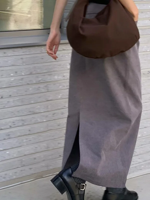 Primavera 2025 feminino cintura alta corte reto saia jeans simples ele alta fenda saia longa commute sle cor pura