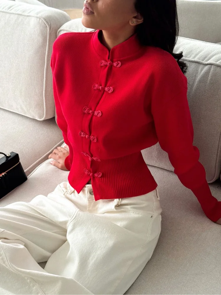 Women Red Frog Button Mandarin Collar Knit Cardigan Long Sleeve Spring Fall Elegant Oriental Knitwear 2026 Cropped Commute Chic