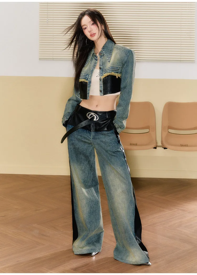 Stylish New Autumn Winter Trendy Patchwork Denim Set Featuring Cropped Top And Loose Wide-leg Jeans For Women Retro view 6