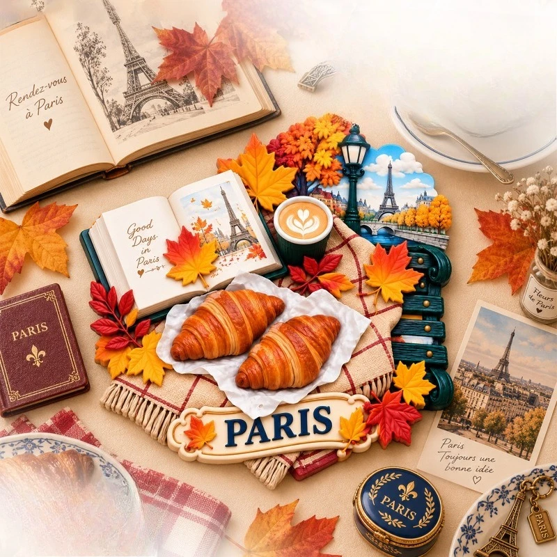 Paris Croissant Autumn Fridge Magnet - Cozy 3D French Souvenir Unique European Gift for Travel & Kitchen Decor