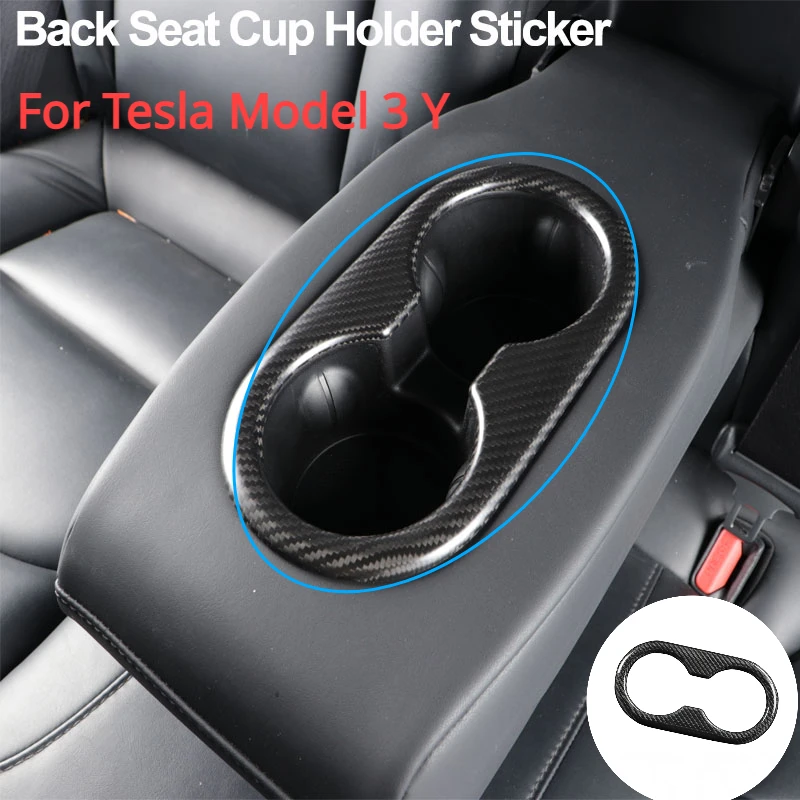 For Tesla Model 3 Y Real Dry Carbon Fiber Back Rear Seat Cup Holder Sticker Cover Panel Trim Car Decoration Modification 2023