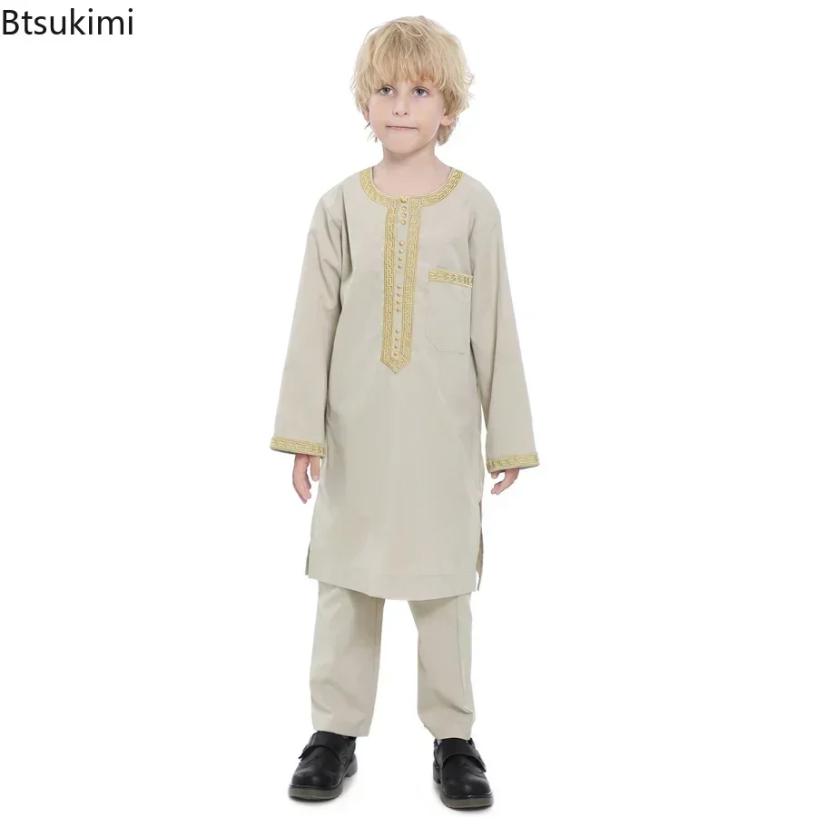 2025 Saudi Arabië Kinderen Gewaad Moslim Kleding Kids Qamis Jongen Jubba Thobe 2 Delige Set Islamitische Kleding Mannen Party Abaya kaftan