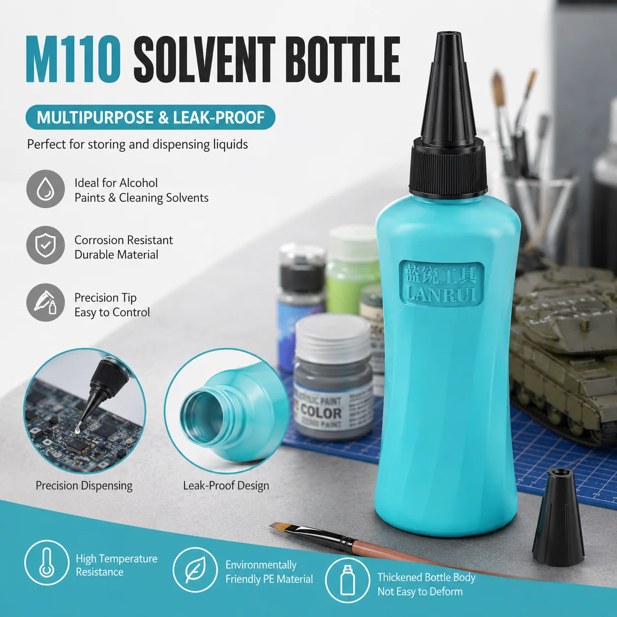LANRUI M110 Double Cover Solvent Bottle Alcohol Dispenser with Detachable Needle Non-Slip Leak-Proof Cleaning Tool