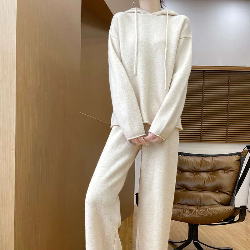 

Женский свитер с капюшоном, шерстяной пуловер, брюки, костюм из 100% мериносовой шерсти, трикотаж с длинными рукавами, осенне-зимний повседневный однотонный комплект с капюшоном