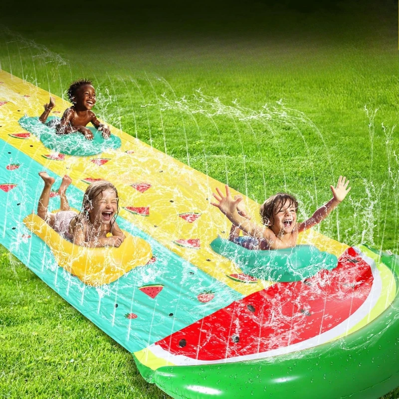 

Children's water slide, inflatable watermelon slide, summer outdoor lawn sprinkler 2 water skis