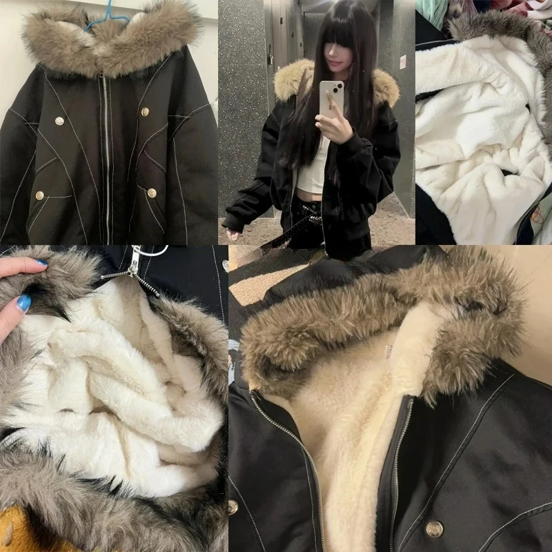 Hip-hop winter coat male new casual thick warm female parka coat loose streetwear hooded fake mink neck couple short coat