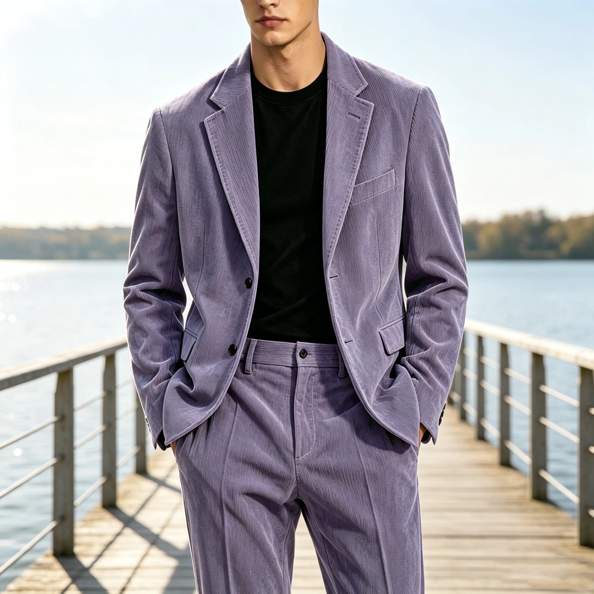 Vintage Men's Corduroy Suit 2 Pieces Set Notched Lapel Blazer & Straight‑Leg Pants Formal Business Casual Suit Jacket Trousers