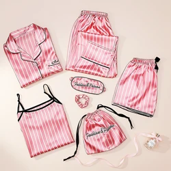 Pajamas for Women Set Lounge V-Neck Soft Smooth Rayon Pj Sets for Woman Pinks Color Striped Design Plus Size 7PCS/Set