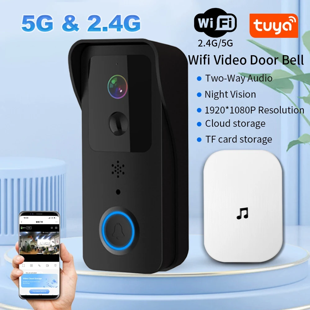 กริ่งประตูไร้สาย1080P 5G 2.4G, กริ่งประตูไร้สาย Wi-Fi การมองเห็นได้ในเวลากลางคืนแอปอัจฉริยะแอป PIR บันทึกไฟ AC/DC กริ่งกล้อง