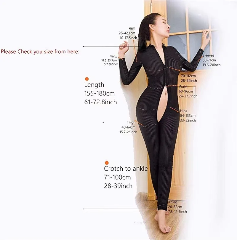 Sexy Front Zip Vertical Bodysuit - Night Club Dance Costume, Fetish Latex-Like Tight Full Body for Women