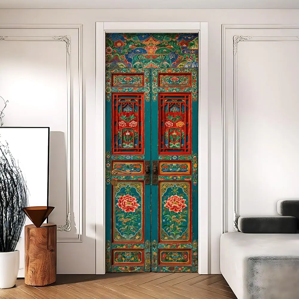 

Traditional Chinese Floral Door Sticker, Self-Adhesive & Peel and Stick, Removable Ethnic Art Mural for Home & Office Decor