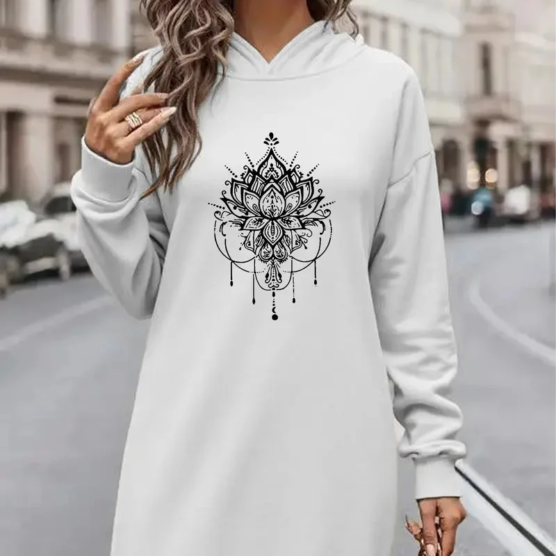 2025 fashionable women's floral 3D pattern hoodie dress, flowing long skirt stylish hoodie dress