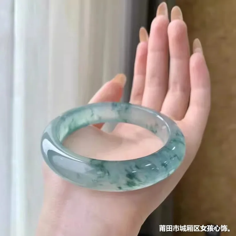 Natural Burmese ice-type jade bracelet with floating floral patterns suitable for women featuring a round design clear water-