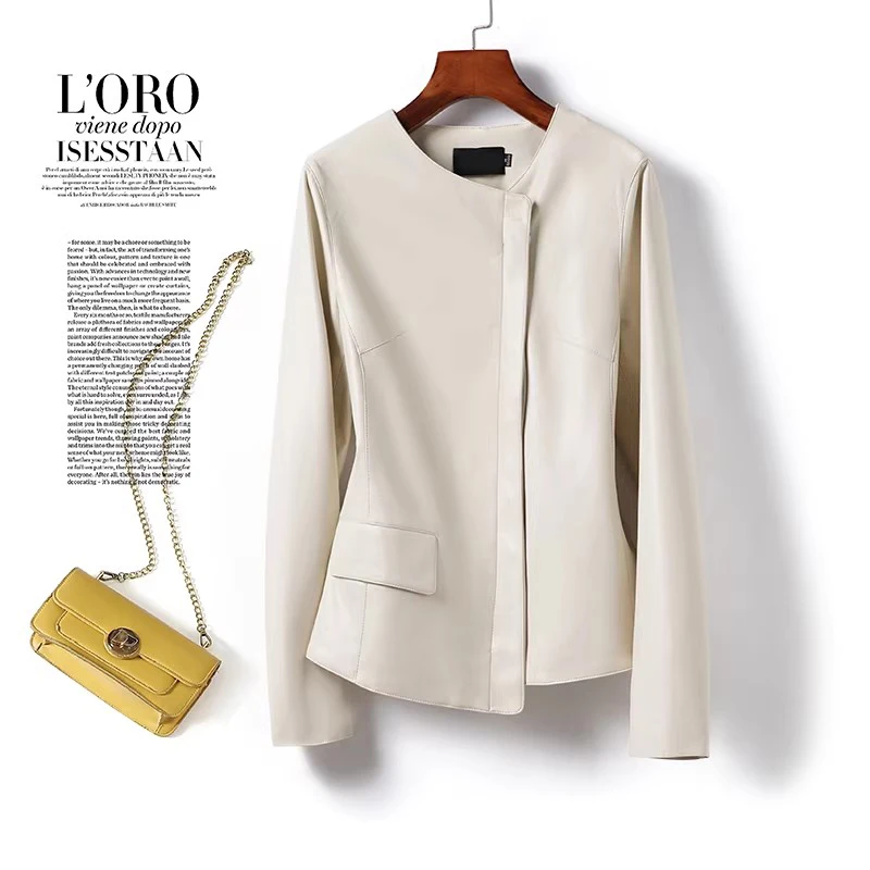 Nova Jaqueta Feminina de Couro Sintético para Primavera e Outono, Moda com Decote Redondo, Manga Longa, Assimétrica, Slim, Casaco Curto Casual