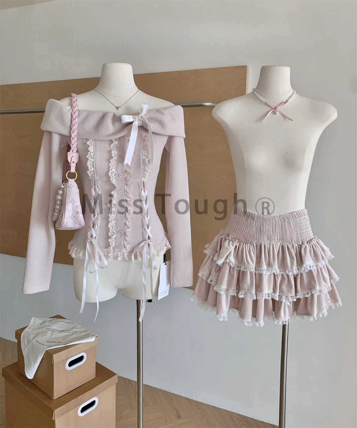 Winter Knitted Japanese Kawaii Y2k 2 Piece Set Women Lace Sweet Elegant Retro Skirt Suit Female Chic Tops + Cake Mini Skirt 2025