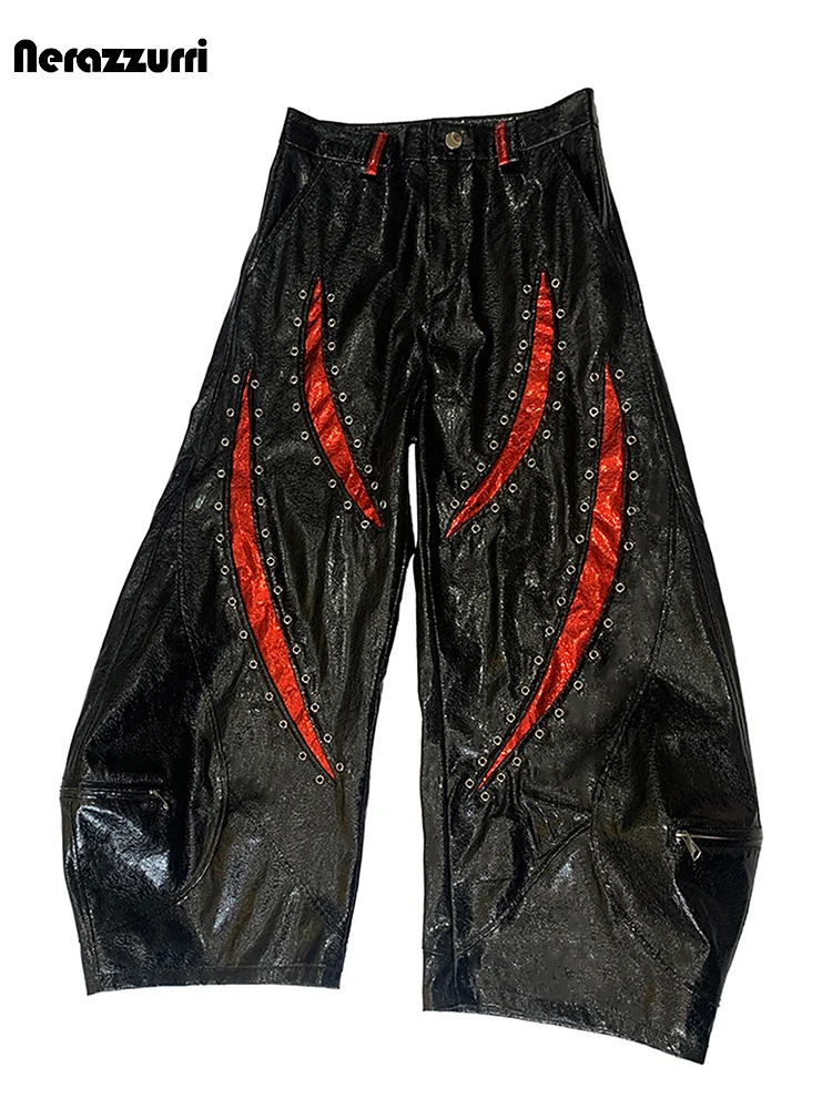 Nerazzurri Autumn Baggy Patchwork Color Block Shiny Pu Leather Wide Leg Curved Pants for Men Luxury Designer Streetwear Clothes