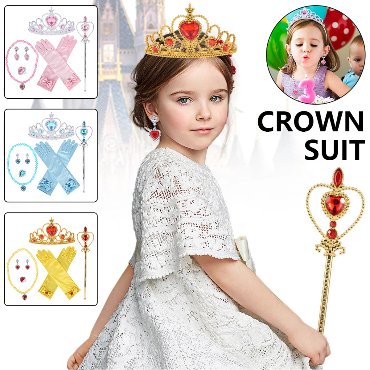 6Pcs Elsa Princess Accessories Girls Crown Gloves Wand Jewelry Set Necklace Kids Princess Queen Dress Clothing Cosplay Dress UP