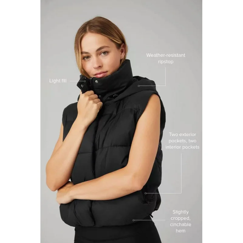 2025 Winter Women Down Puffer Vest Hooded Stand Collar Jacket Casual Sport Sleeveless Coat Warm Lightweight Fashion Outerwear