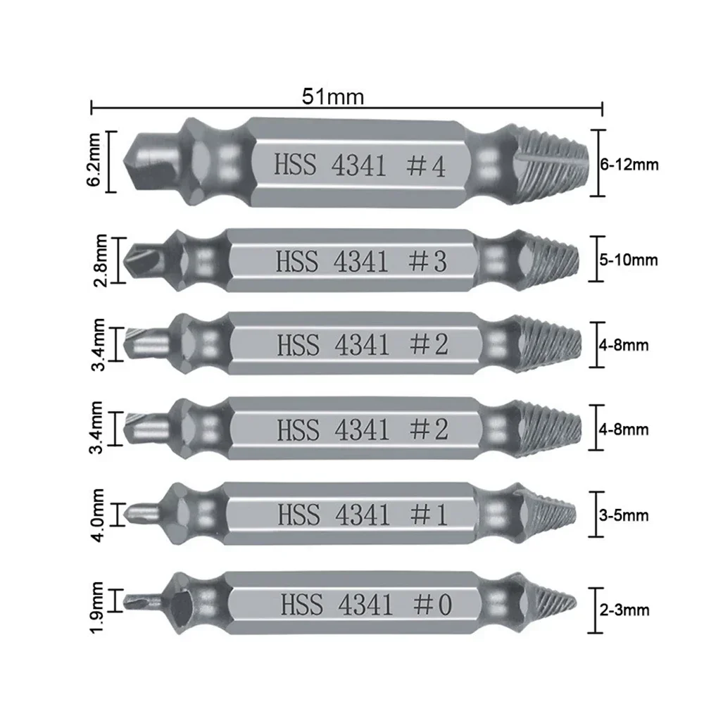 6pcs estrattore di viti danneggiate estrattore di punte da trapano estrattore di punte rotto velocità fuori estrattore di bulloni strumento di rimozione del perno del bullone demolizione