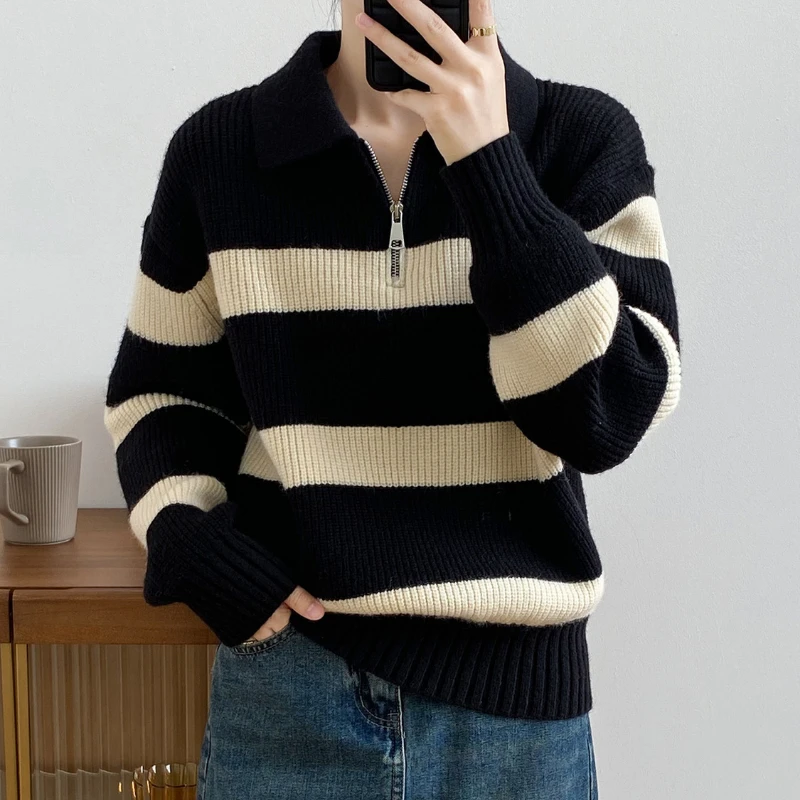 Autumn Winter New Fashion Turn-down Collar Half Zipper Long Sleeve Striped Sweaters Women's Clothing Casual Knitting Korean Tops