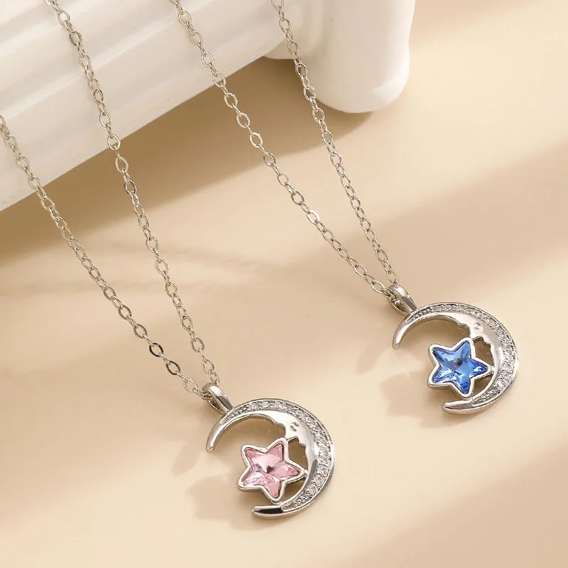 

Trendy Silver Tone Moon Star Necklace Crystal Zircon Inlaid Collar Chains Fashion Choker Jewelry for Women Girl Daily Gift