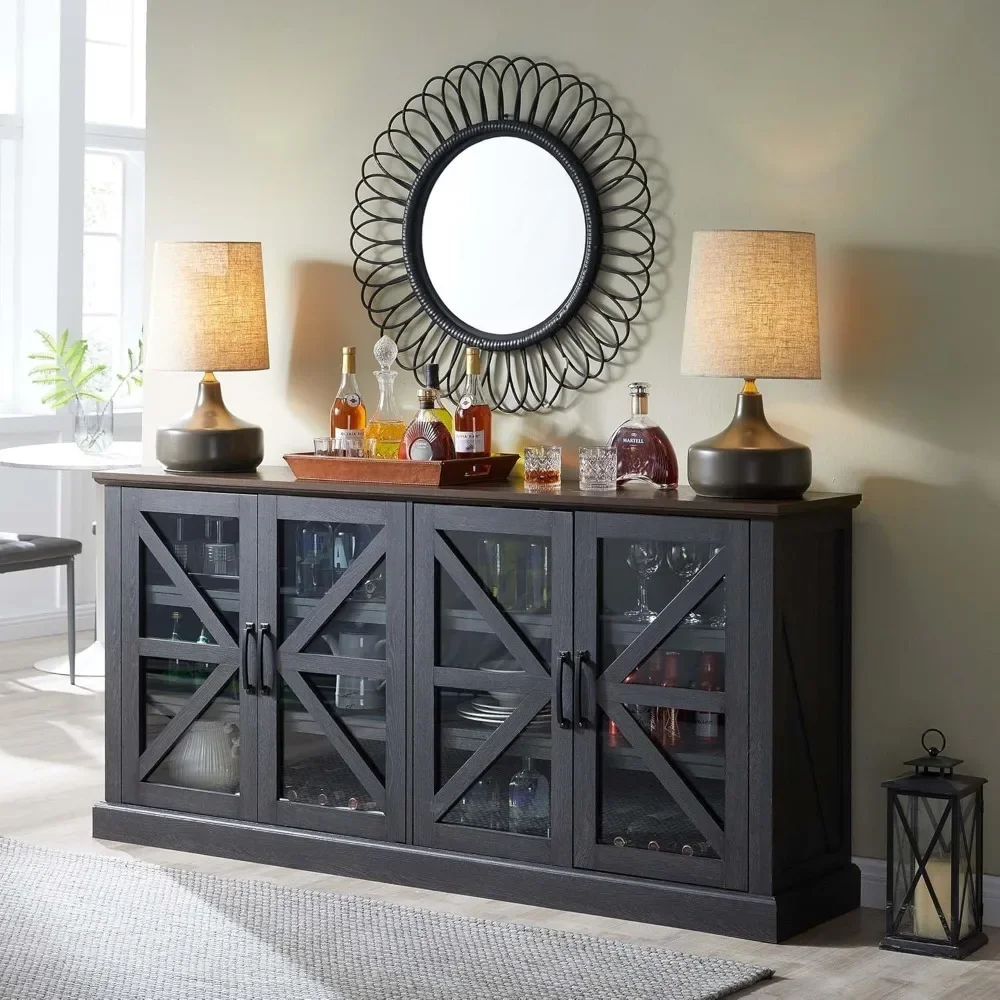 

70" Wood Rustic Sideboard Buffet Cabinet W/4 Glass Barn Doors&Adjustable Shelf,,Dining Room,Living Room|