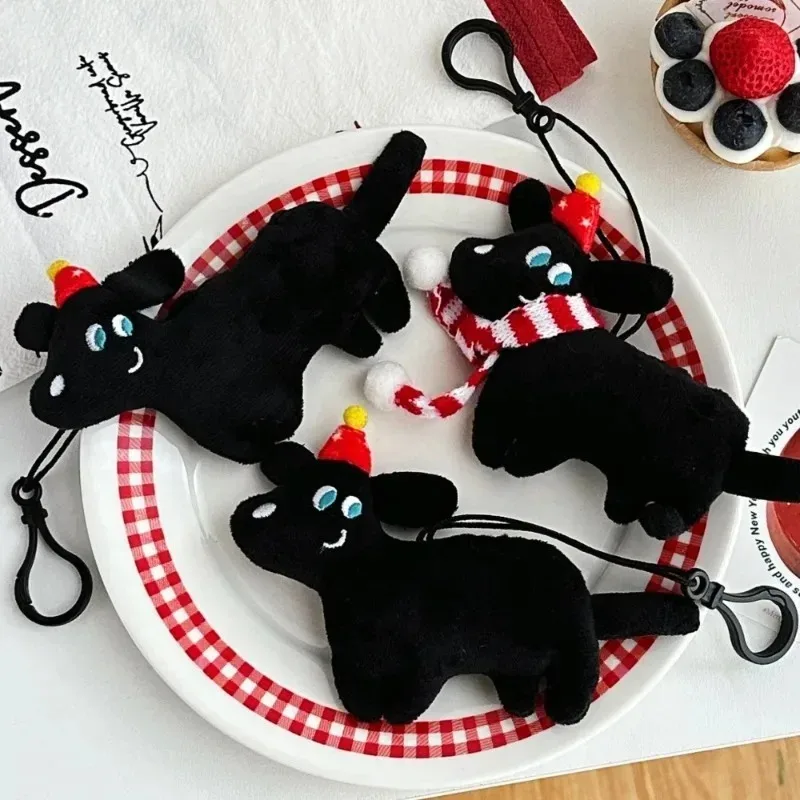 Mochila encantos cão preto chaveiro bonito estilo coreano pelúcia boneca com cachecol dos desenhos animados natal filhote de cachorro pingente presentes llaveros