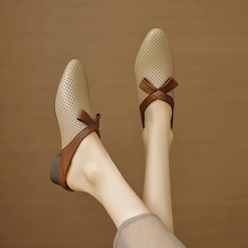 Женские мягкие туфли в стиле ретро, закрытый носок, высокий каблук, цветные закрытые мюли, летние шлепанцы на среднем каблуке, Брендовая женская обувь DLSYXD