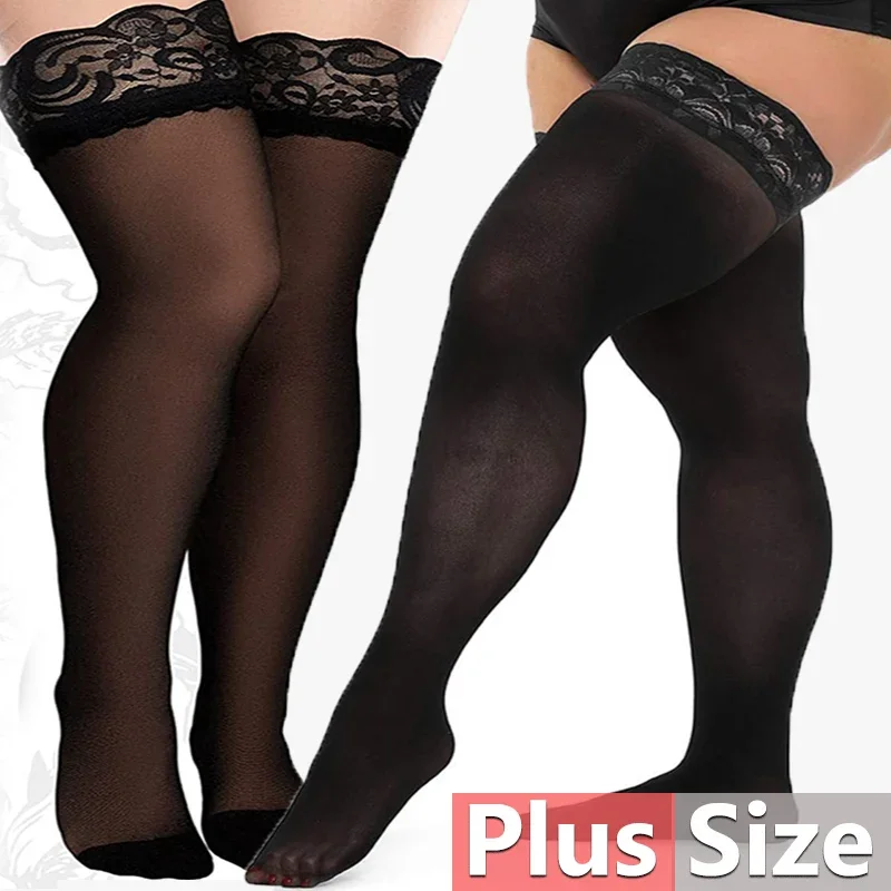 

Women Sexy Thigh Long Socks Plus Size Stockings Black White Lace Top Over Knee High Elastic Stockings with Silicone Anti-slip