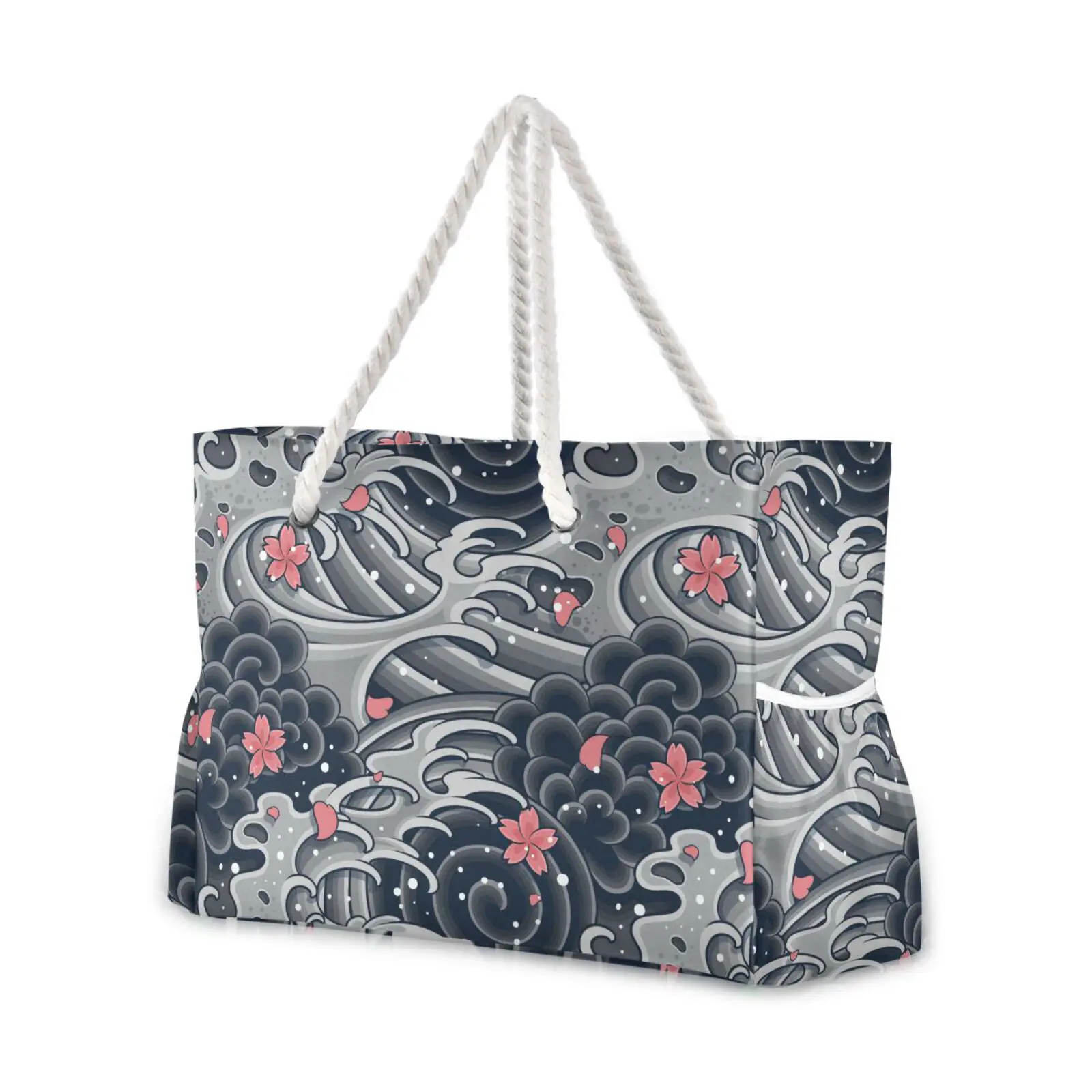 2023 New Ladies Beach Handbag Japanese wave Pattern Large Capacity Black Shoulder Shopping Bag Bohemia Female Casual Totes