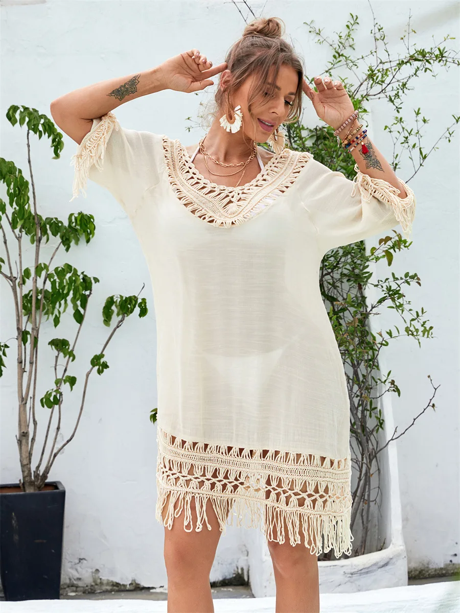 Robe mi-longue pour femmes, Cover-Up pour Bikini, vêtements de plage, été, Crochet fait à la main, franges ajourées, glands, Beige pur