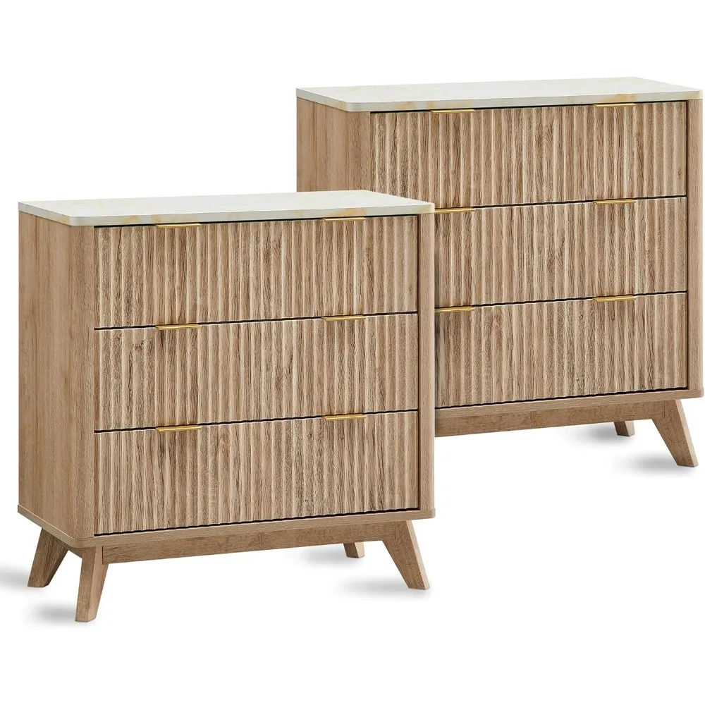 

32" tall fluted nightstand set of 2, modern side table with faux marble top, 3 drawers end table w/storage, bedside table for b